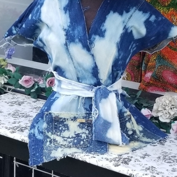 Blue Tie-Dye Kimono Top Duster Vest And Matching Scarf Tie - Picture 2 of 4